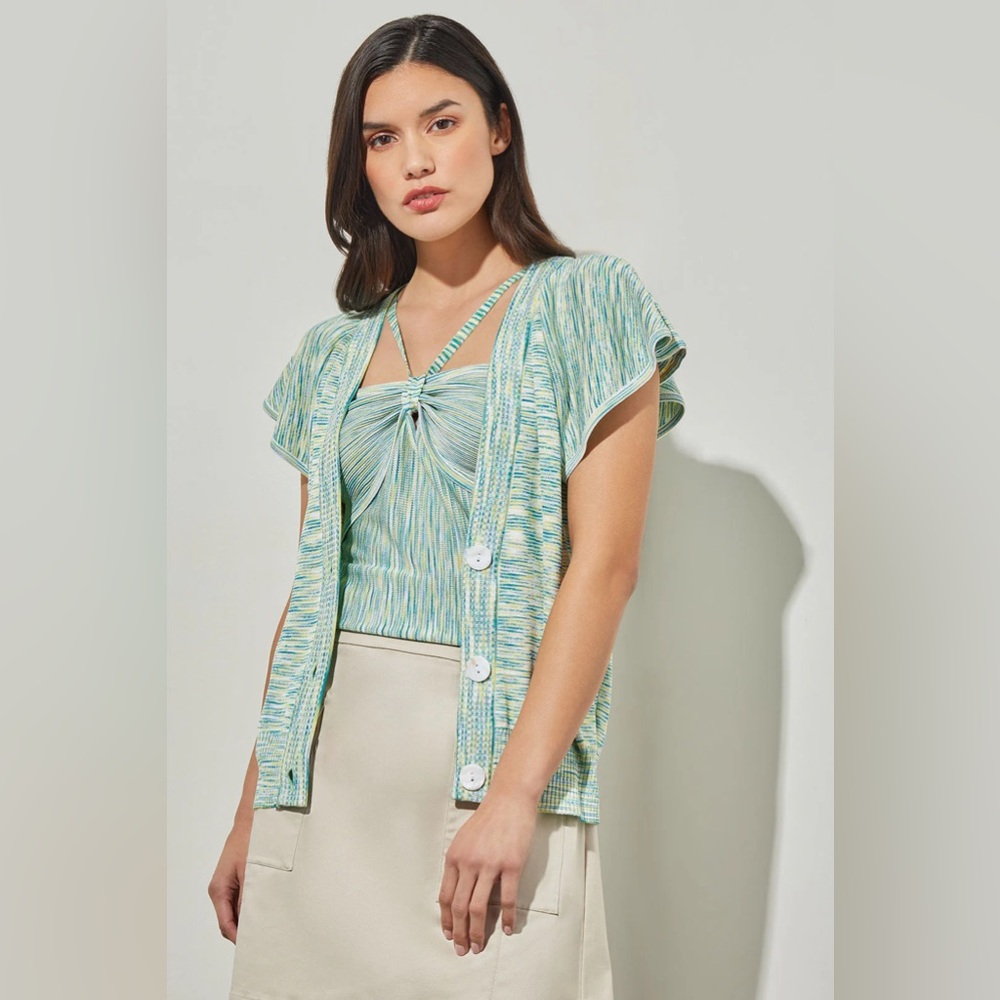 ming wang flutter space dye cardigan - seafoam green rib knit ruffles - XL NWT
